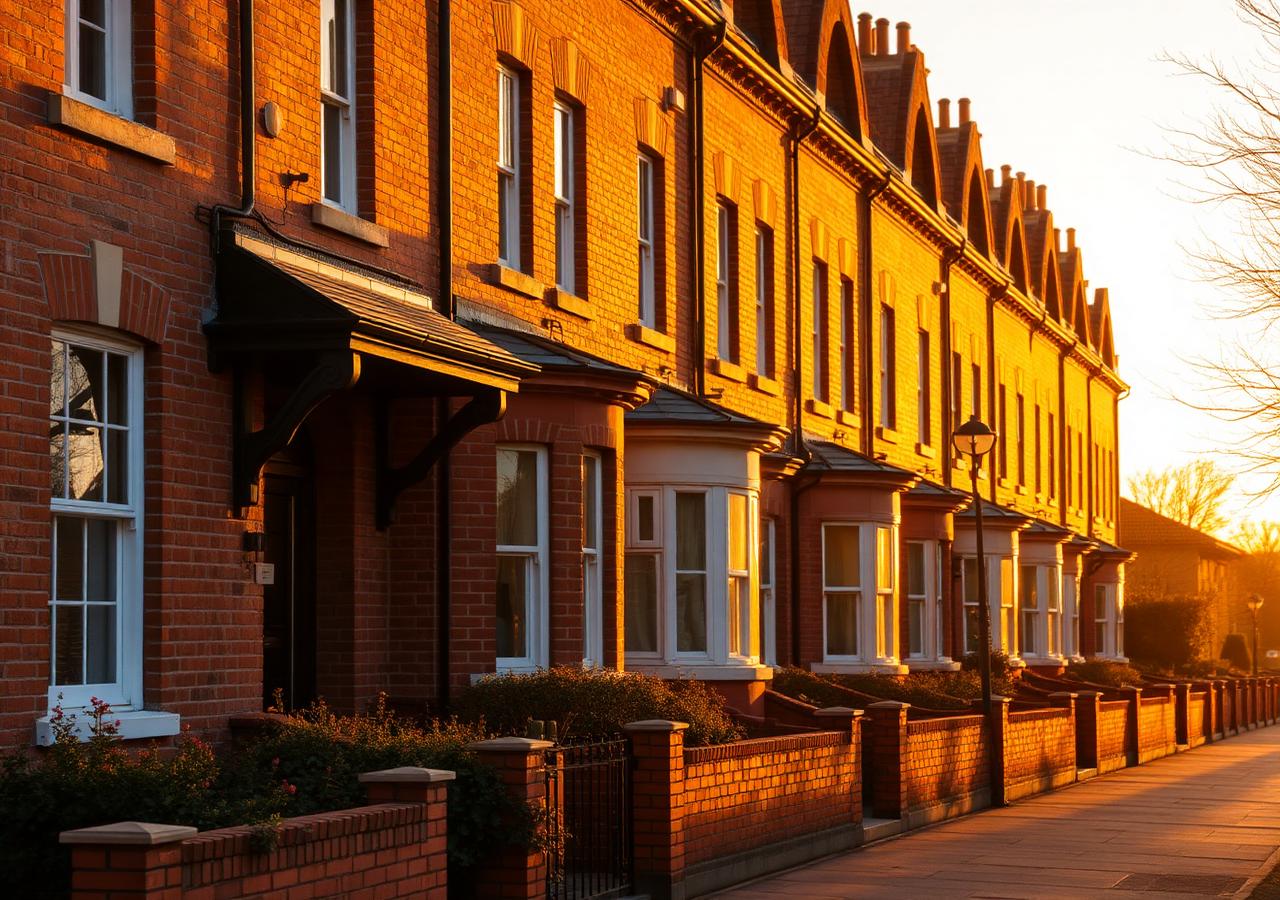 Row of red brick terraced houses at golden hour