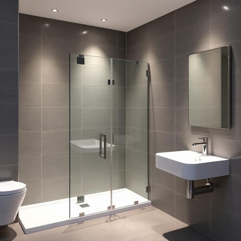 Modern grey tiled bathroom with walk-in glass shower