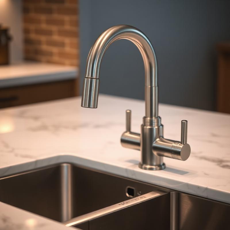 Brushed steel kitchen mixer tap over a stainless steel sink